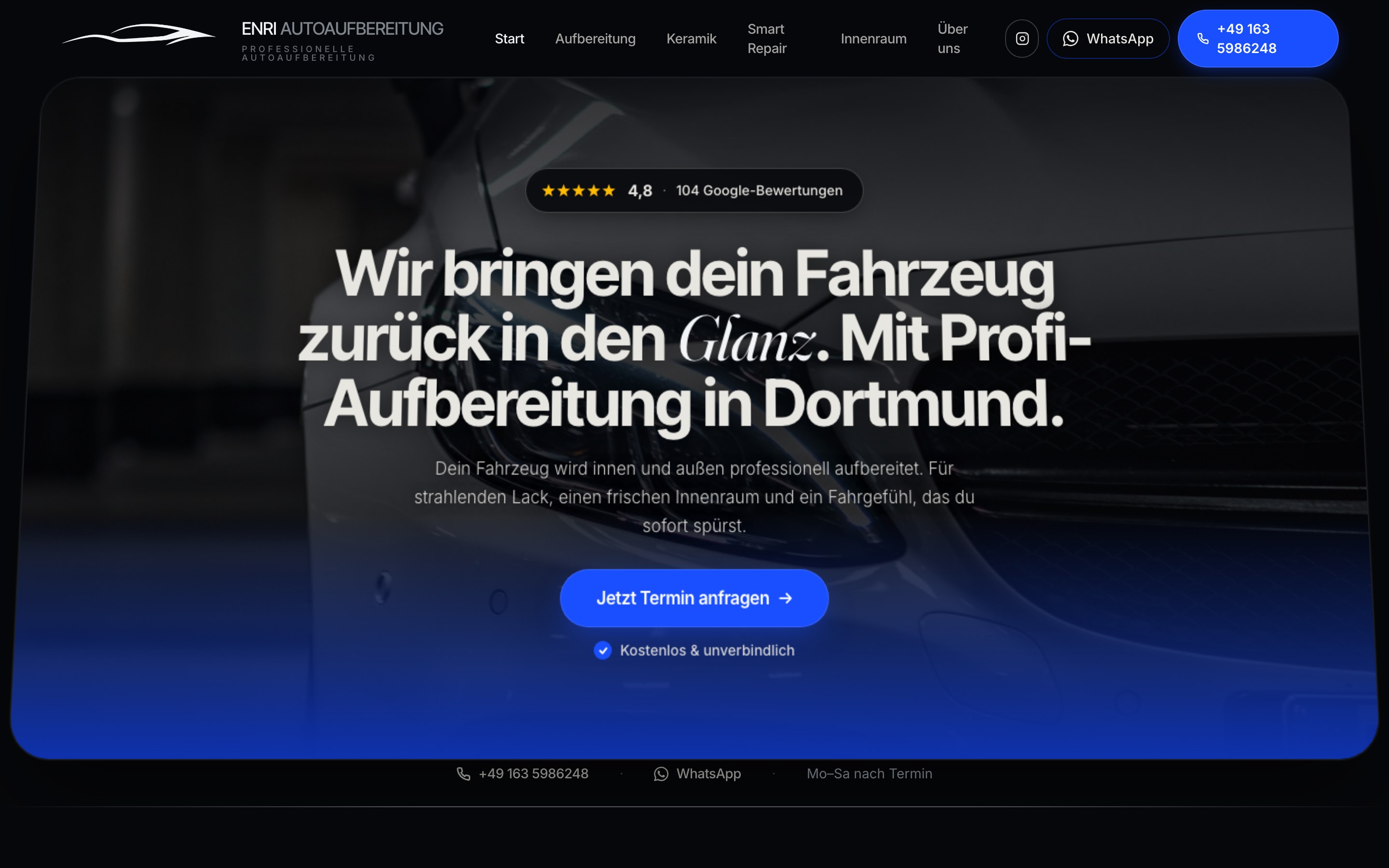 ENRI Autoaufbereitung Dortmund — Hero der echten Referenz-Website