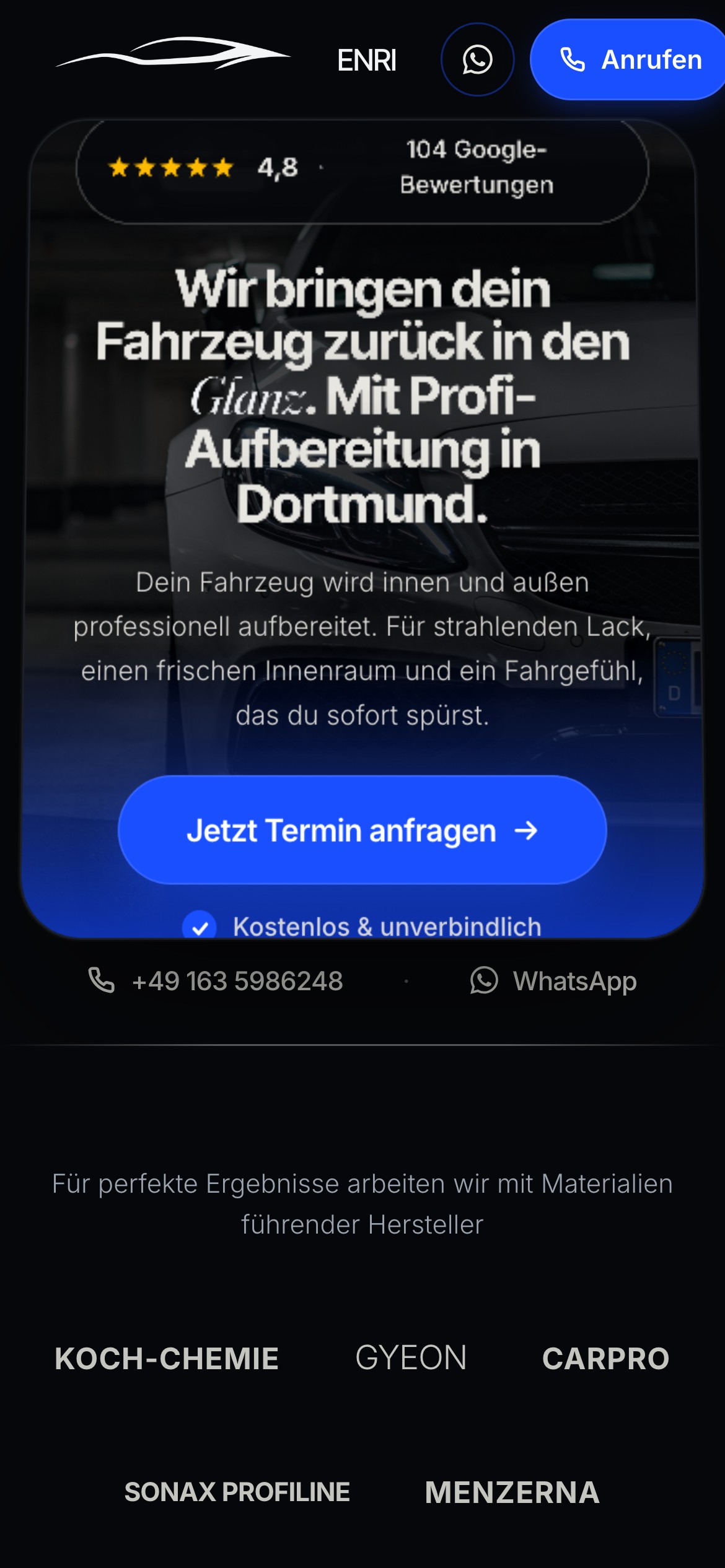 ENRI Autoaufbereitung Mobile-Ansicht