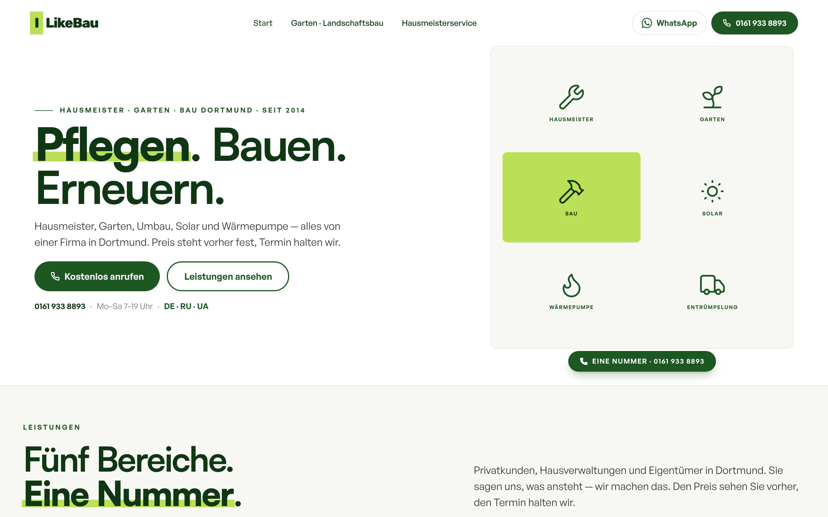 ILikeBau — Hausmeister, Garten, Bau aus Dortmund. Echte Kundenseite gebaut von BetriebsAutomatik